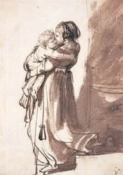 Mujer bajando las escaleras con un niño